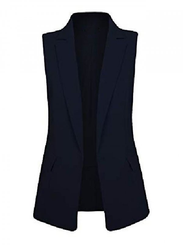 Womens Sleeveless Longline Lapel Open Front Vest Cardigan Jacket Navy Small