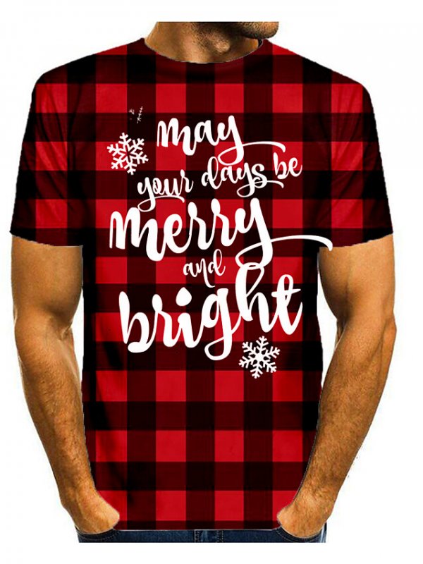 Men's 3D Graphic Letter T-Shirt Short Sleeve Christmas Tops Basic Round Neck Black/Red