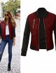 Women Autumn Winter Casual Zipper Jacket Long Sleeve Stand Collar Outwear Casual Jackets Wine Red