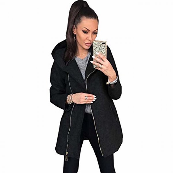 Women Casual Long Sleeve Zip-Up Hooded Coat Casual Jackets Black