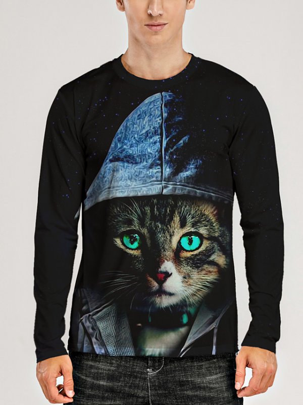 Men's Graphic 3D Animal T Shirt Print Long Sleeve Daily Tops Black